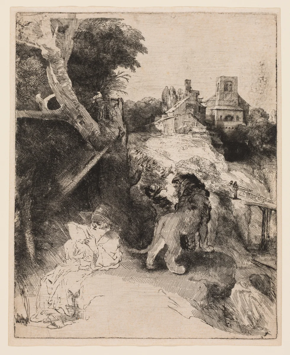 Saint Jerome Reading in an Italian Landscape by Rembrandt van Rijn, print, 1648-1658
