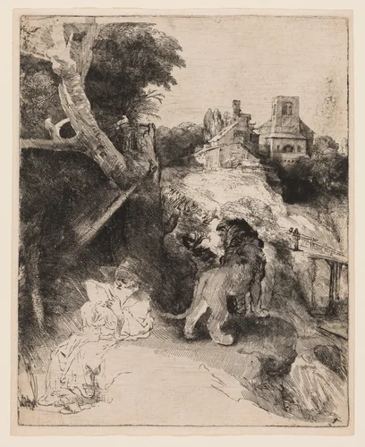 Saint Jerome Reading in an Italian Landscape by Rembrandt van Rijn, print, 1648-1658