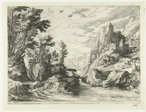 Rivierlandschap in Campania met stad op rotsen by Unknown, print, 1590