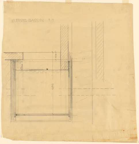 German Pavilion, International Exposition, Barcelona, Spain, Section, small pool by Ludwig Mies van der Rohe, mies van der rohe archive, 1928