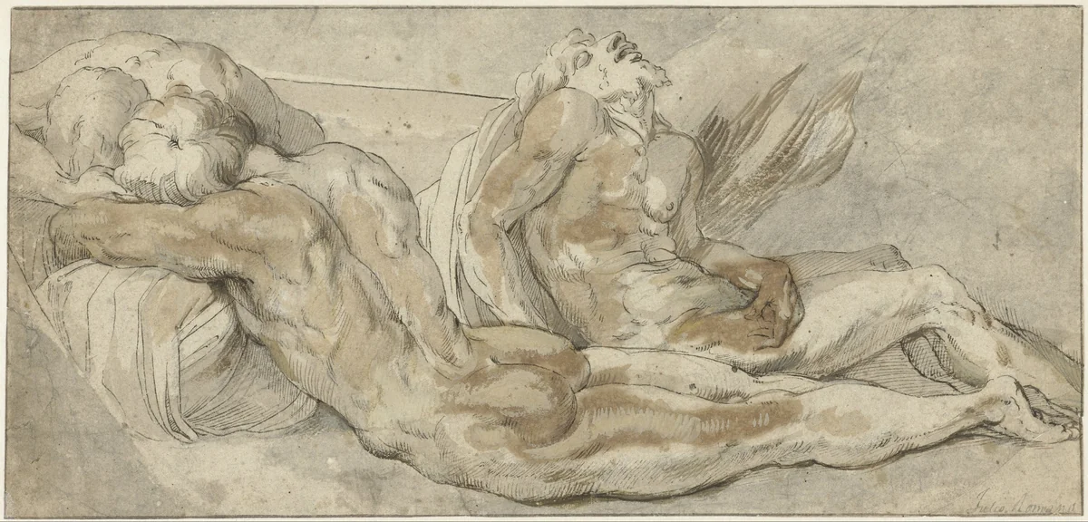 Drie liggende mannen by Unknown, drawing, 1510-1546