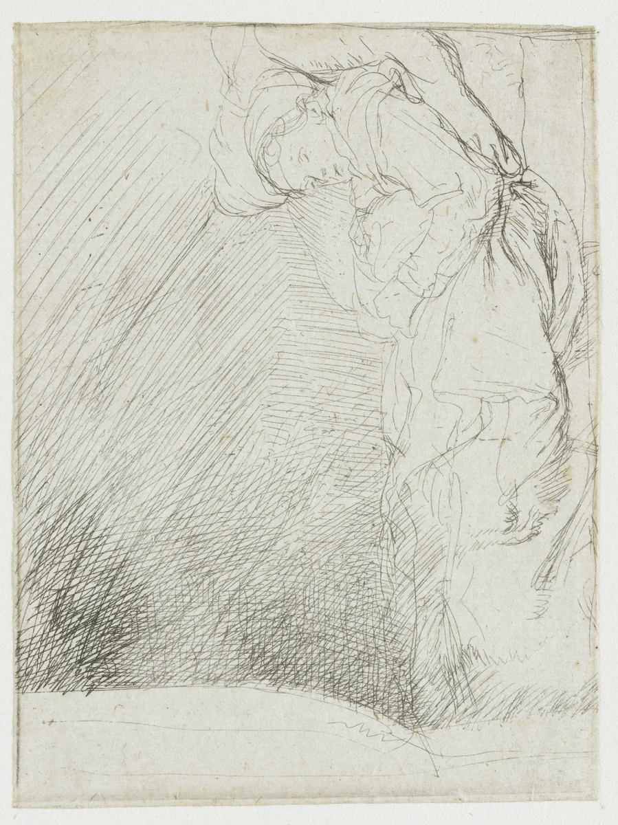 Sheet of studies, with a woman lying ill in bed by Rembrandt van Rijn, print, 1639
