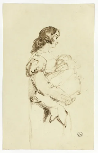 Young Woman Carrying Baby by Thomas Jones Barker, drawing, 1825-1835
