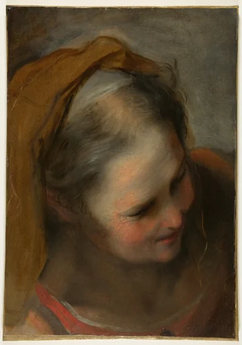 Head of an Old Woman Looking to Lower Right (Saint Elizabeth) by Federico Barocci, drawing, 1584-1586