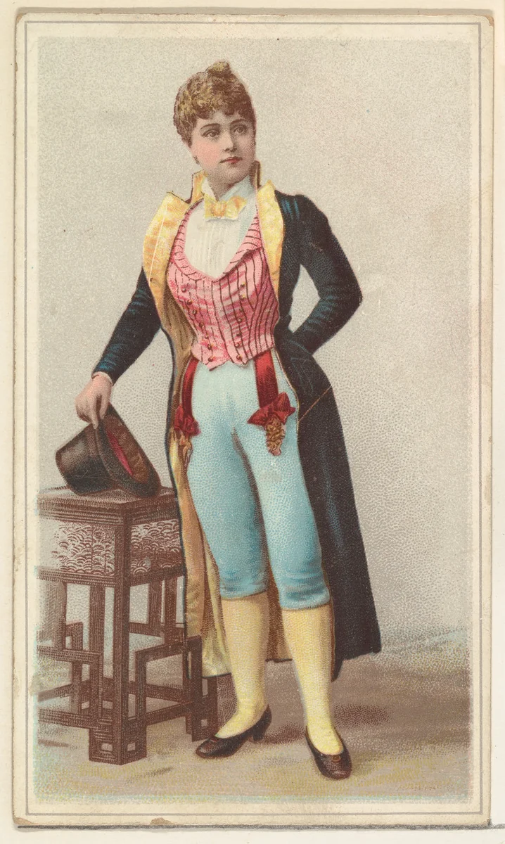 Actress wearing long black jacket with yellow lining, from Stars of the Stage, Second Series (N130) issued by Duke Sons & Co. to promote Honest Long Cut Tobacco by W. Duke, Sons & Co., print, 1891