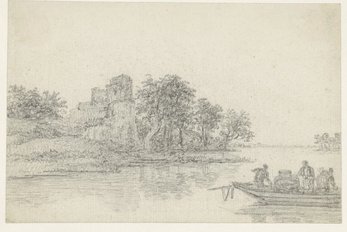Veerpont van een rivier; links een ruïne by Georges Michel, drawing, 1773-1843