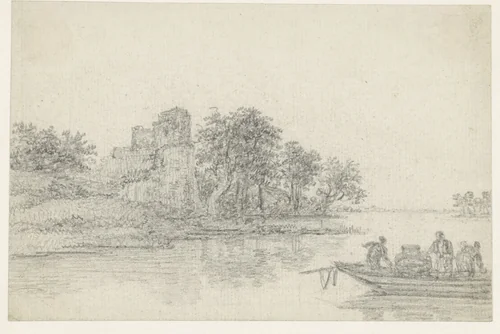 Veerpont van een rivier; links een ruïne by Georges Michel, drawing, 1773-1843