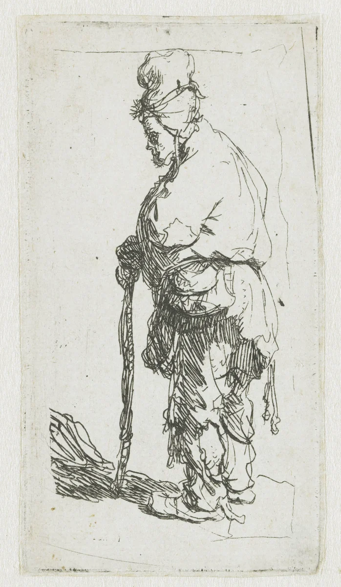 Beggar leaning on a stick, facing left by Rembrandt van Rijn, print, 1630