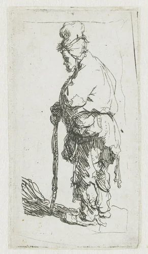 Beggar leaning on a stick, facing left by Rembrandt van Rijn, print, 1630