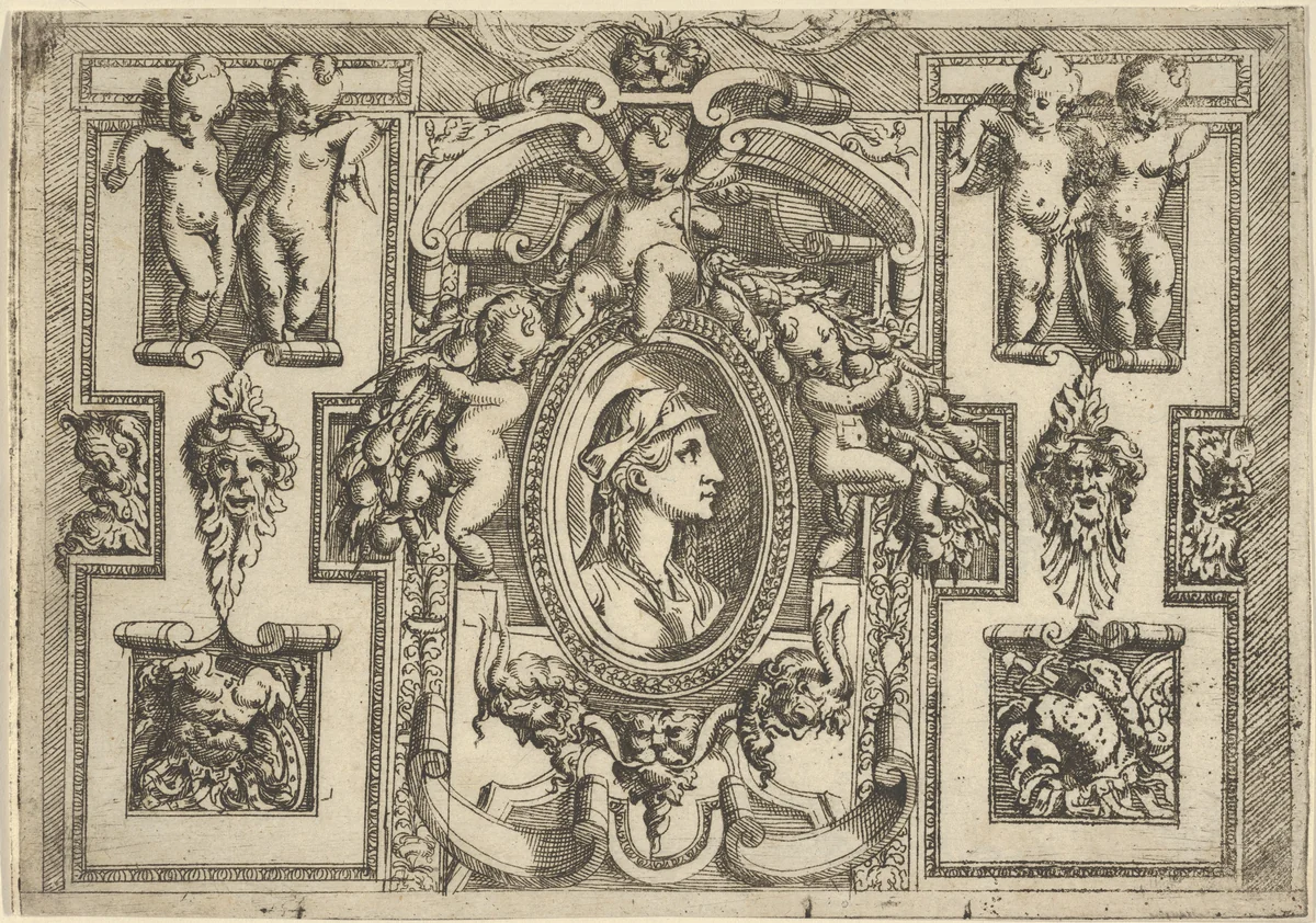 Bust of a woman in profile facing right, set within an elaborate frame with putti by Battista Angolo del Moro, print, 1535-1580
