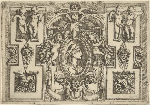 Bust of a woman in profile facing right, set within an elaborate frame with putti by Battista Angolo del Moro, print, 1535-1580