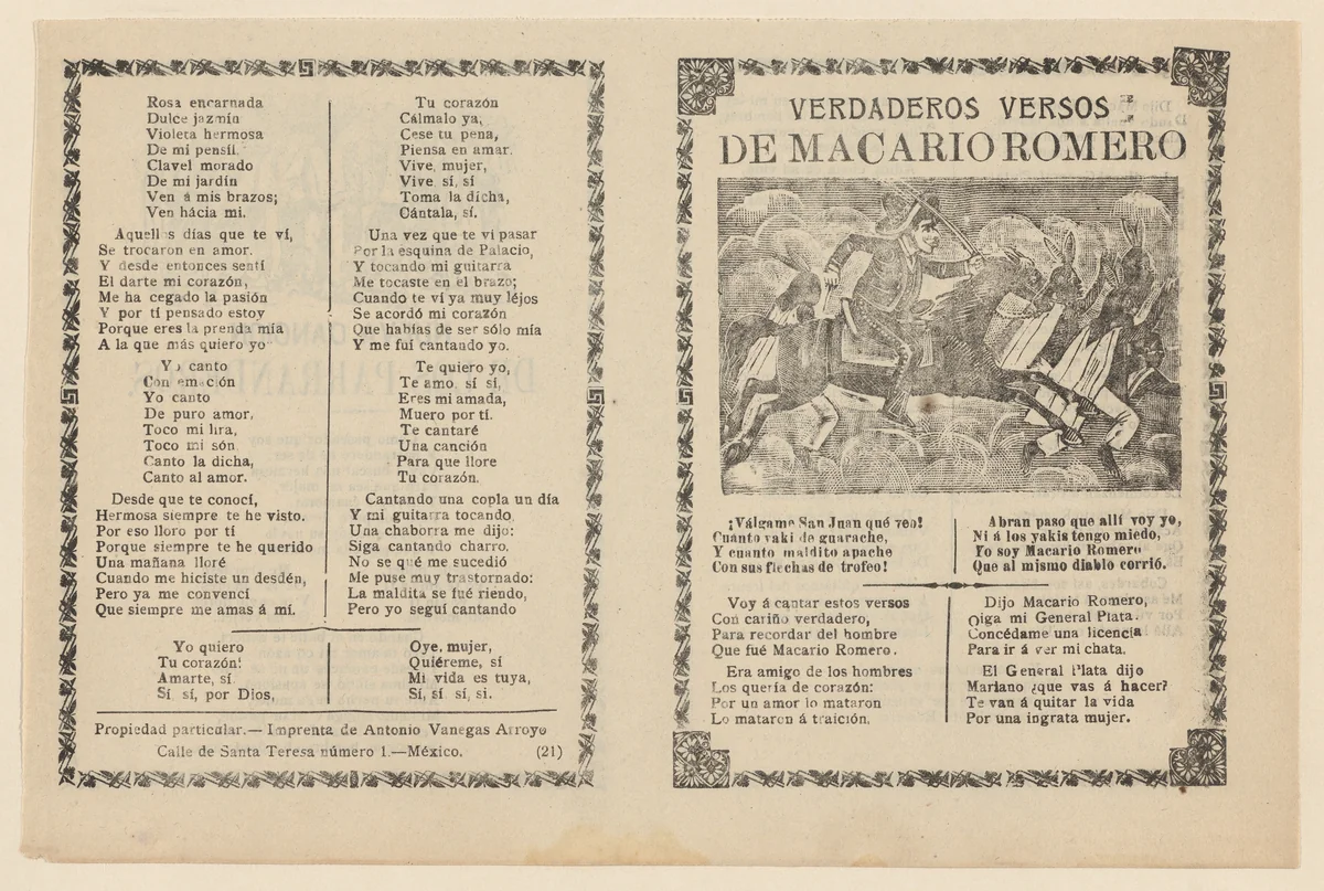 Broadside with verses regarding the military leader Macario Romero, who is shown on horseback riding alongside Indians by José Guadalupe Posada, print, 1907-1917