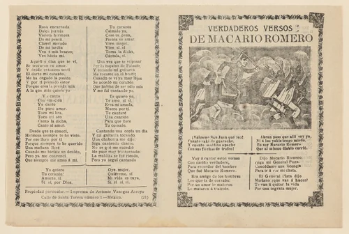 Broadside with verses regarding the military leader Macario Romero, who is shown on horseback riding alongside Indians by José Guadalupe Posada, print, 1907-1917