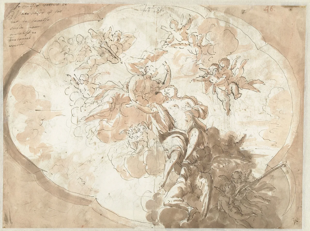 Ontwerp voor een plafond met Waarheid, Tijd en Liefde by Mattheus Terwesten, drawing, 1680-1757
