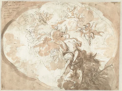 Ontwerp voor een plafond met Waarheid, Tijd en Liefde by Mattheus Terwesten, drawing, 1680-1757