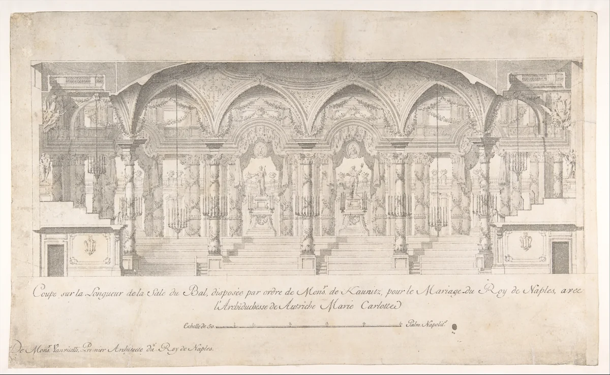 Longitudinal Section of a Ballroom Decorated for the Marriage of the King of Naples to the Archduchess of Austria by Luigi Vanvitelli, drawing, 1700-1773