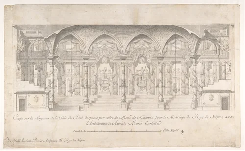Longitudinal Section of a Ballroom Decorated for the Marriage of the King of Naples to the Archduchess of Austria by Luigi Vanvitelli, drawing, 1700-1773
