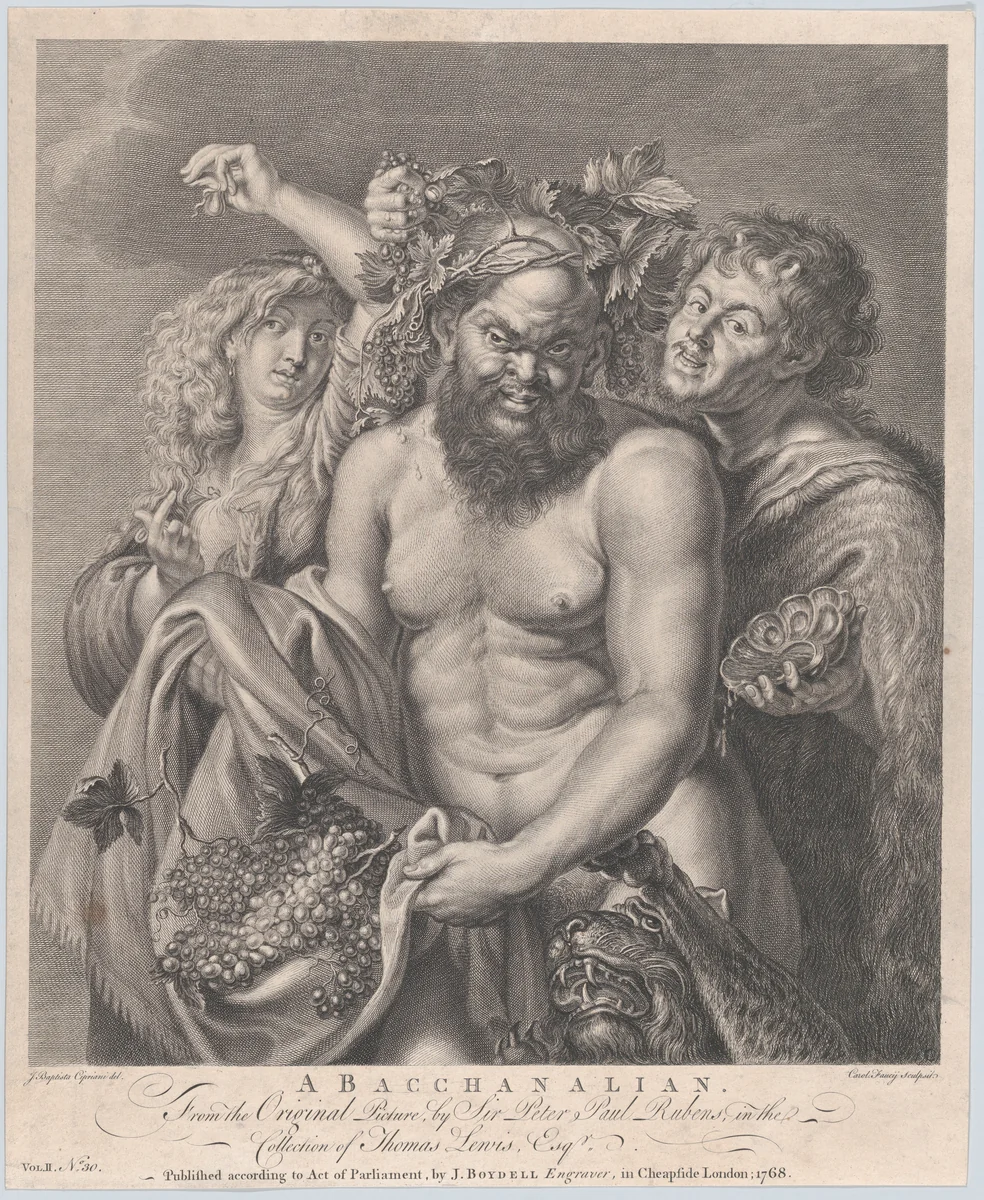 Bacchus accompanied by a Bacchante and a faun by Carlo Faucci, print, 1768