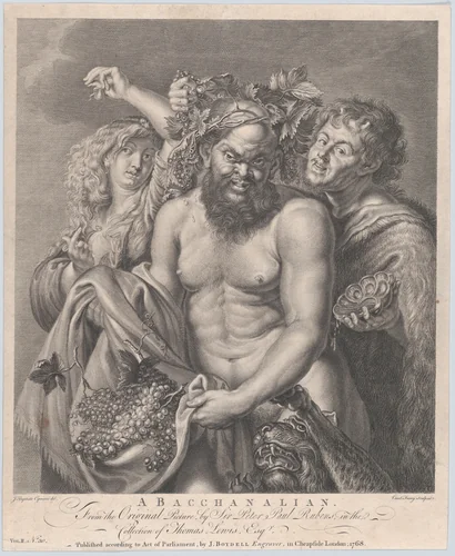 Bacchus accompanied by a Bacchante and a faun by Carlo Faucci, print, 1768