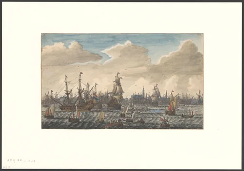 Oorlogsschepen op het IJ en gezicht op de stad by Abraham Storck, drawing, 1654-1708