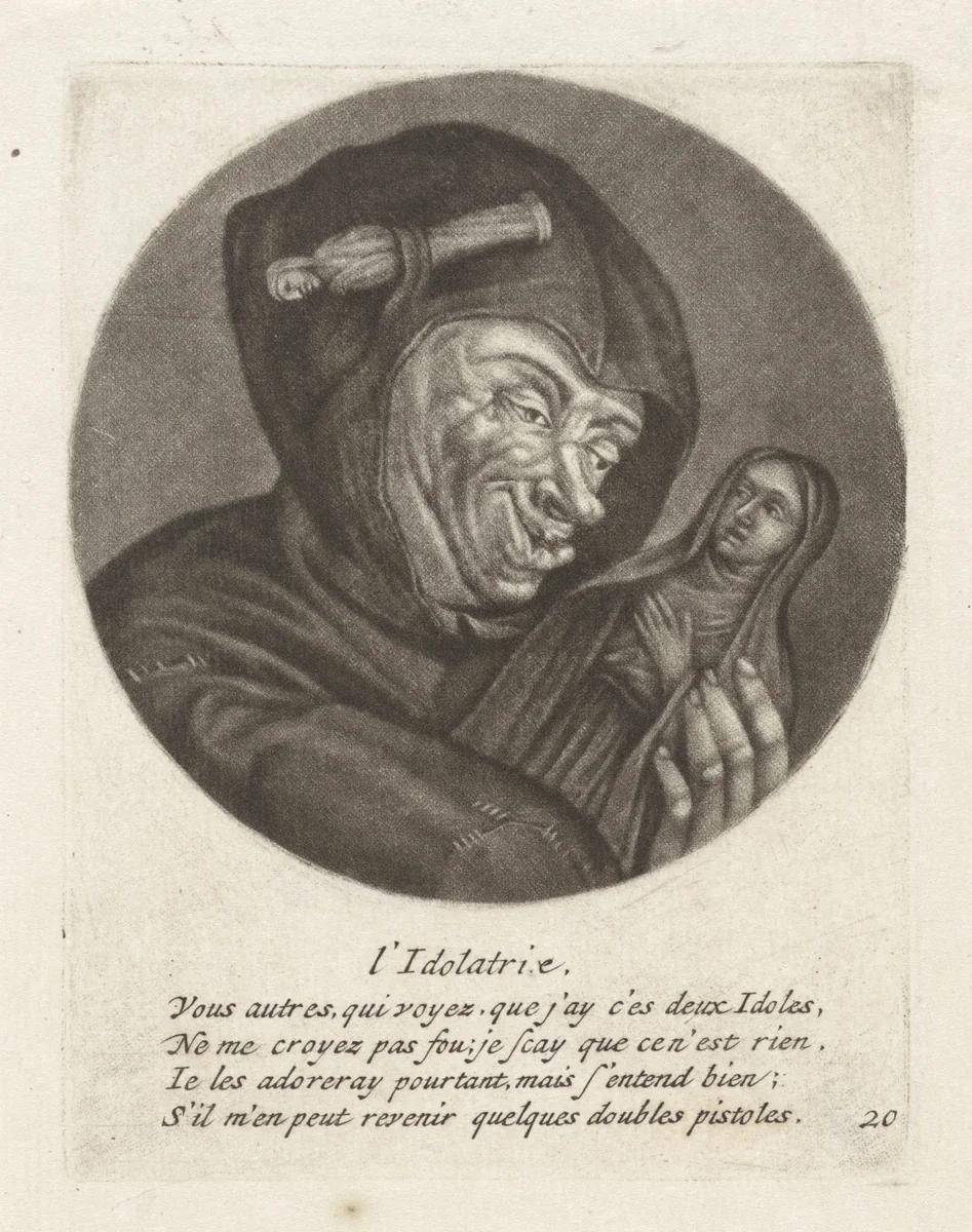 Monnik met een beeld van Maria by Jacob Gole, print, 1670-1724