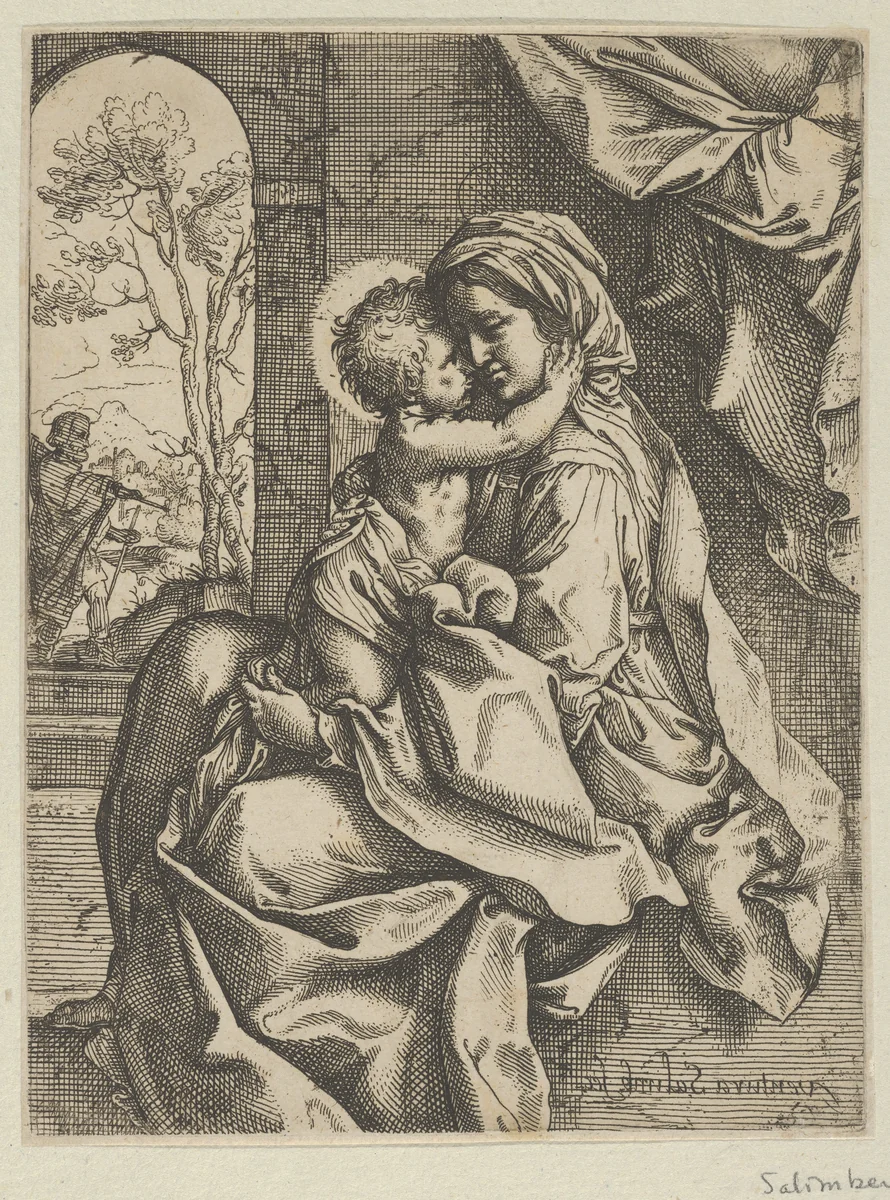 The Virgin seated with the Christ Child on her lap embracing her, Joseph seen through an archway at left, after Reni by Ventura Salimbeni, print, 1595-1618