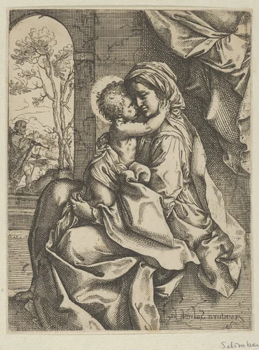 The Virgin seated with the Christ Child on her lap embracing her, Joseph seen through an archway at left, after Reni by Ventura Salimbeni, print, 1595-1618