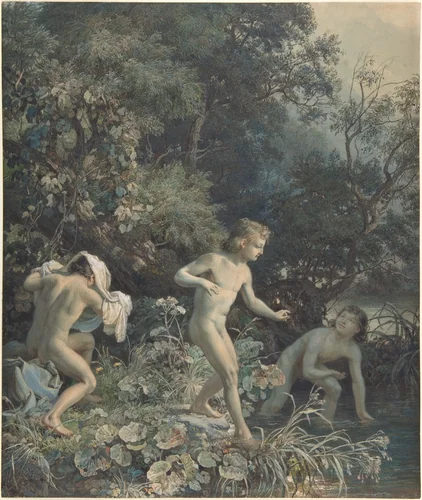 Riverside with Three Bathing Boys by Christian Friedrich Gille, drawing, 1825-1899