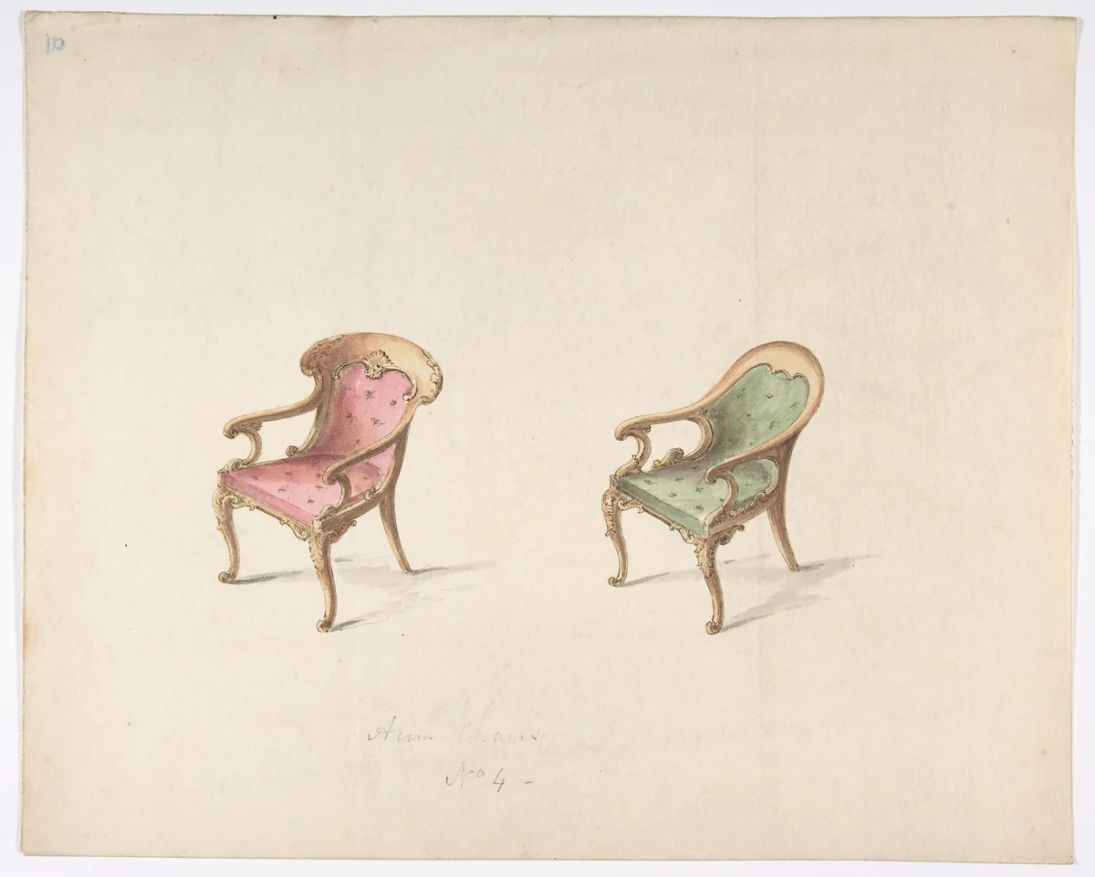 Design for Two Armchairs with Red and Green Upholstery by anonymous, drawing, 1800-1850
