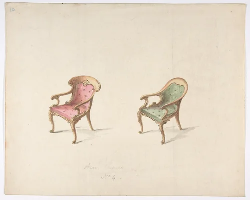 Design for Two Armchairs with Red and Green Upholstery by anonymous, drawing, 1800-1850
