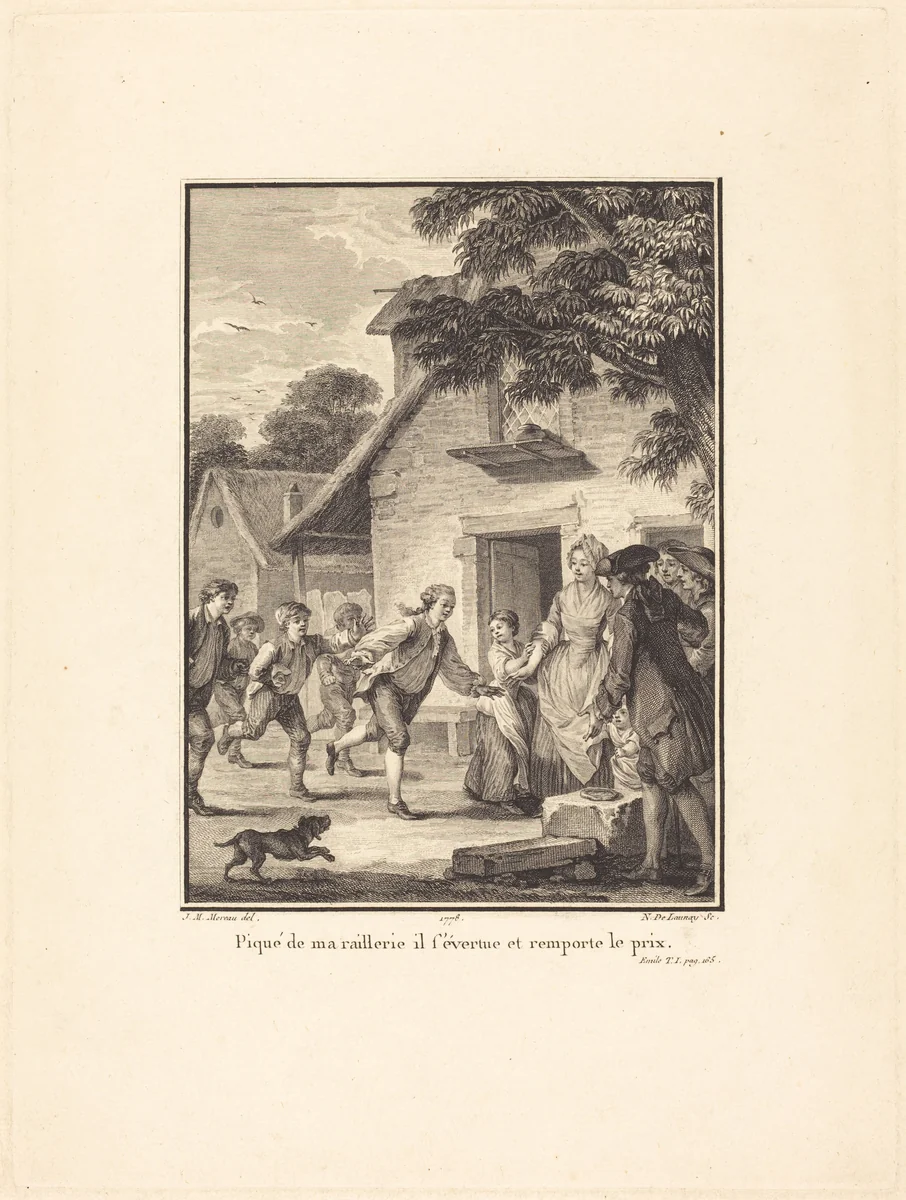 Piqué de ma raillerie, il s'évertue et remporte le prix by Nicolas Delaunay; Jean-Michel Moreau the Younger, print, 1778