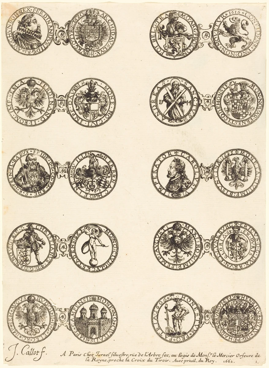 Coins [plate 1] by Jacques Callot, print, 1624-1634