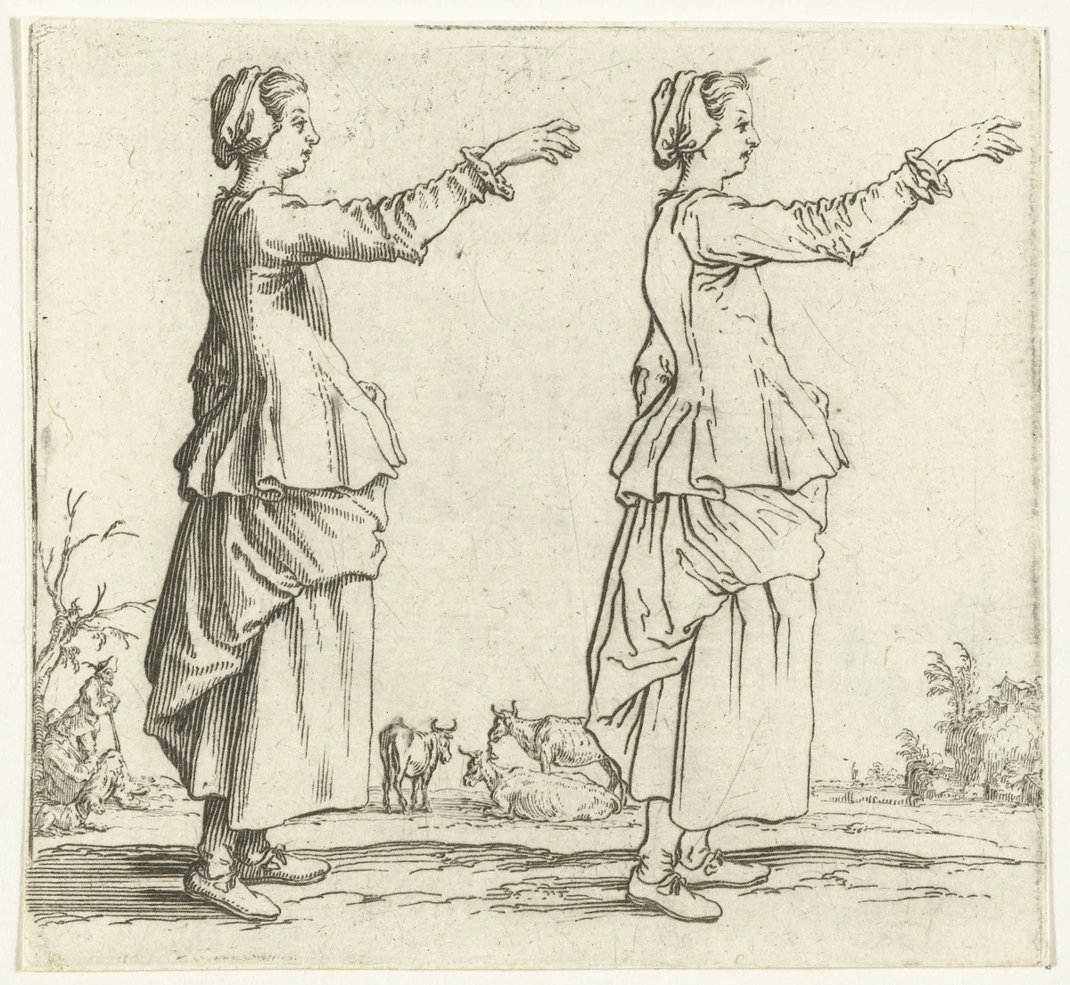 Tweemaal dezelfde boerin met opgeheven arm, op de rechterzijde gezien by Jacques Callot, print, 1621-1624