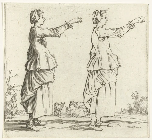 Tweemaal dezelfde boerin met opgeheven arm, op de rechterzijde gezien by Jacques Callot, print, 1621-1624