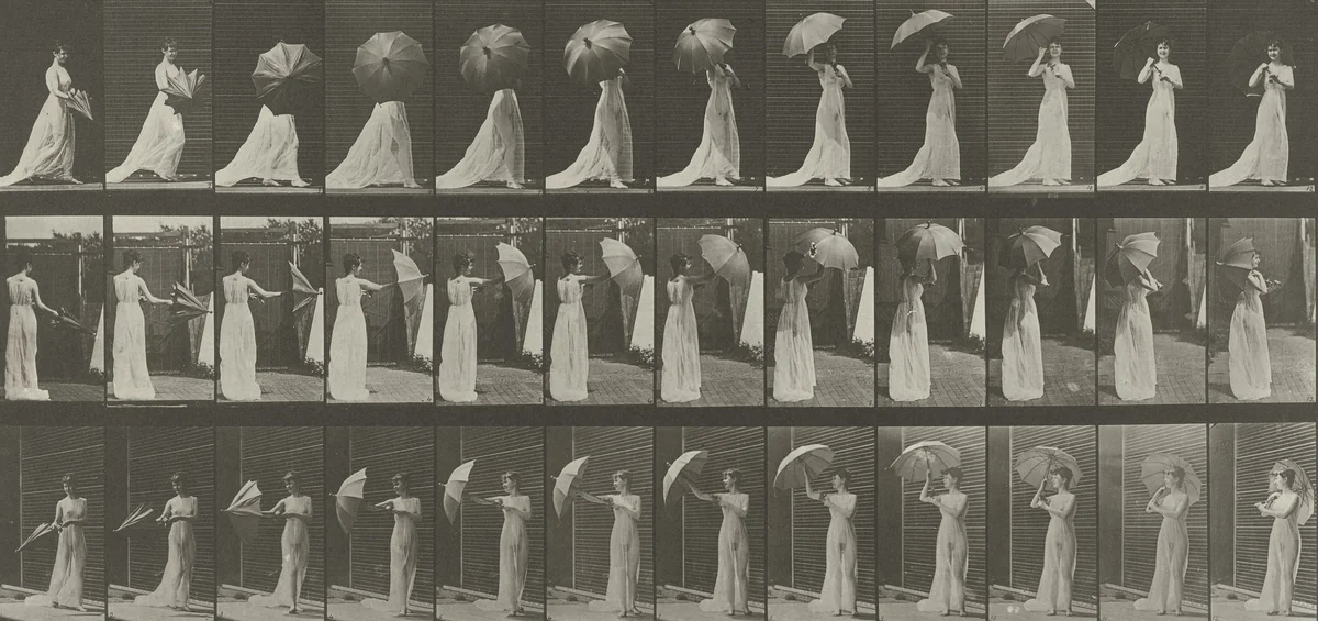 Woman Opening a Parasol and Turning Around: Plate 461 from Animal Locomotion (1887) by Eadweard Muybridge, photograph, 1884