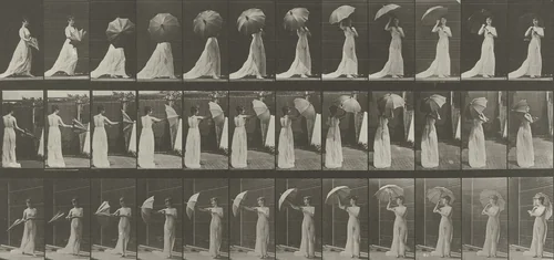 Woman Opening a Parasol and Turning Around: Plate 461 from Animal Locomotion (1887) by Eadweard Muybridge, photograph, 1884