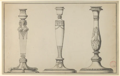 Three Designs for Candlesticks by Henri Auguste, drawing, 1770-1816