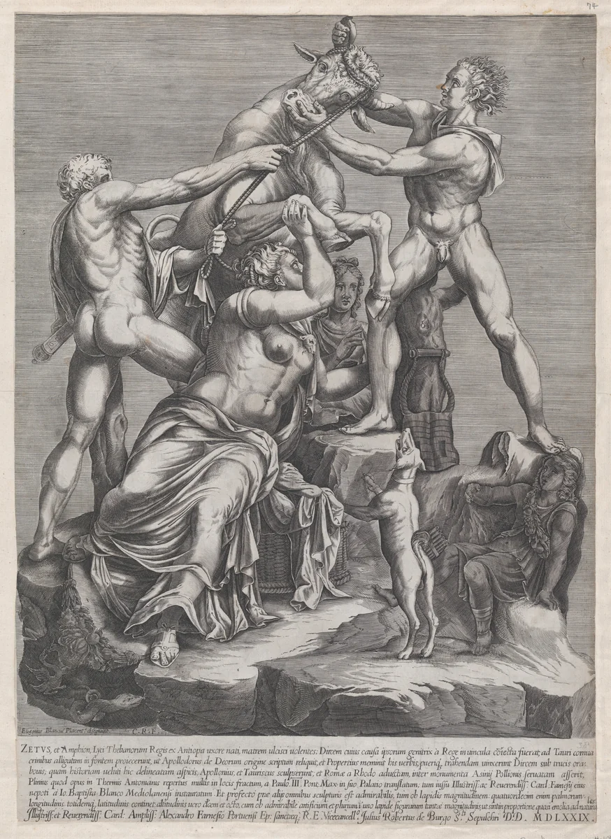 The Fate of Dirce, from "Speculum Romanae Magnificentiae" by Georges Reverdy, print, 1579