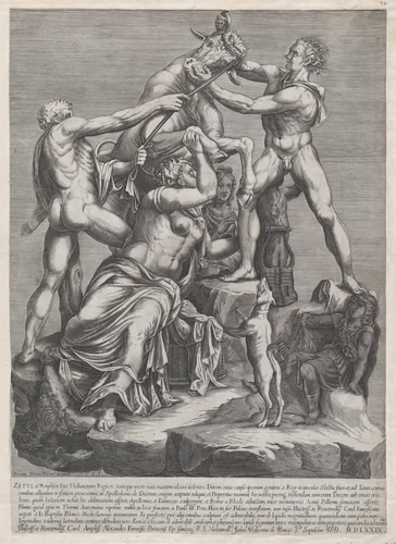 The Fate of Dirce, from "Speculum Romanae Magnificentiae" by Georges Reverdy, print, 1579