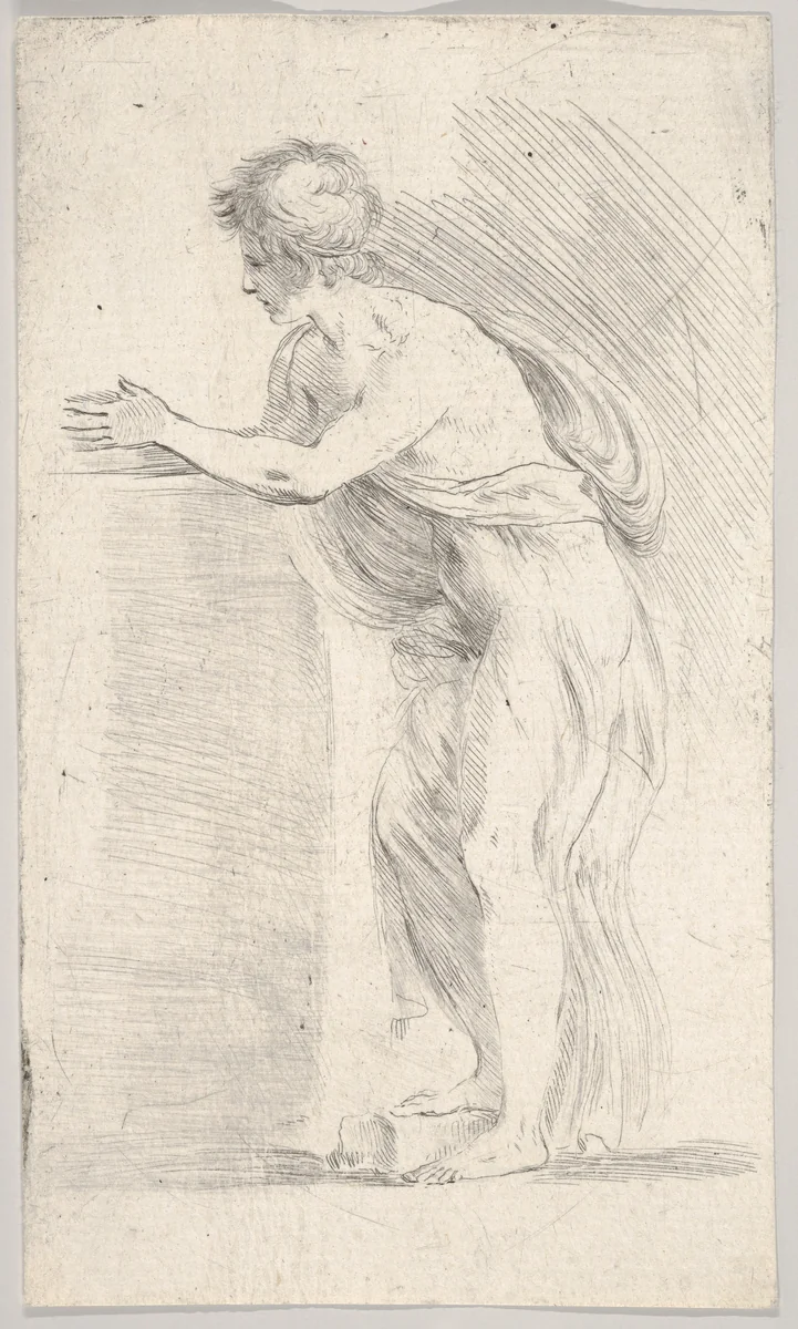 Study of a young man pressing his hands together, standing in profile facing left by Stefano della Bella, print, 1647-1652