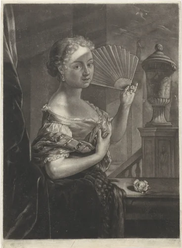Jonge vrouw met waaier by Jacob Gole, print, 1670-1724