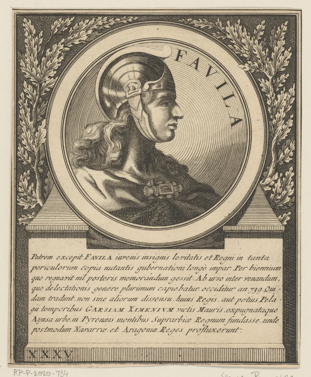 Portret van Favila, koning van Asturië by Jacques Blondeau, print, 1698