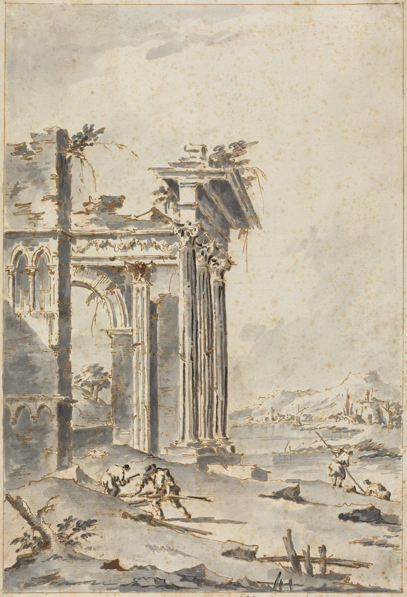 Capriccio of Classical Ruins on a Shore by Giacomo Guardi, drawing, 1764-1835
