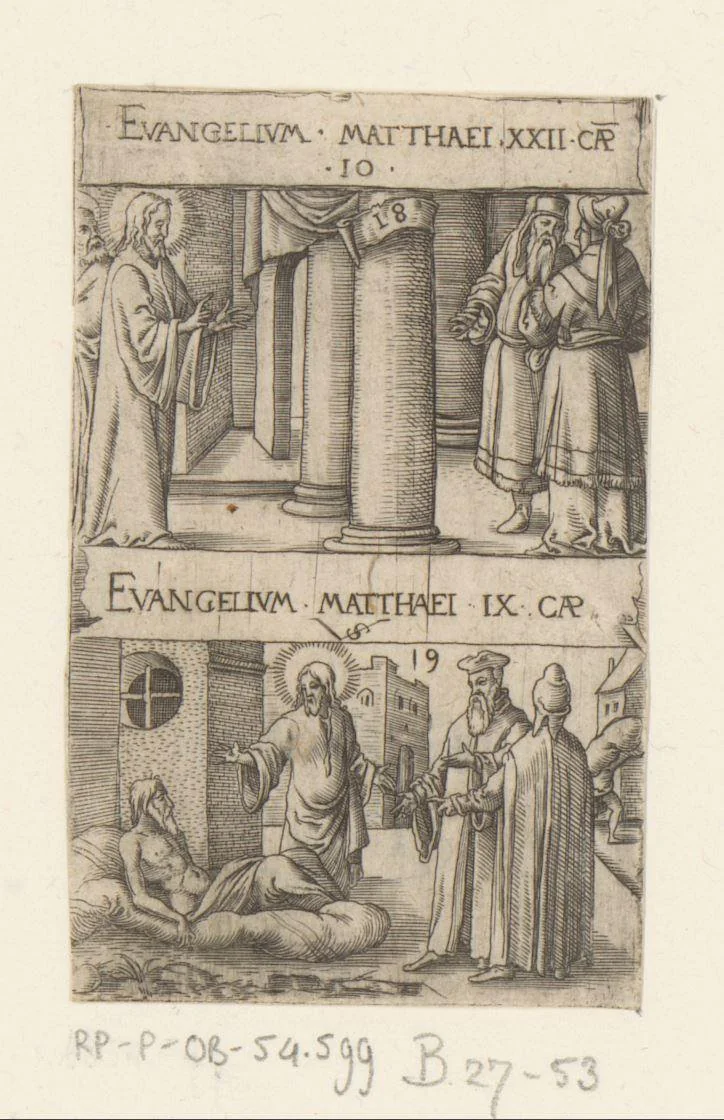 Christus in debat met farizeeën en de genezing van een verlamde man by Unknown, print, 1524-1562