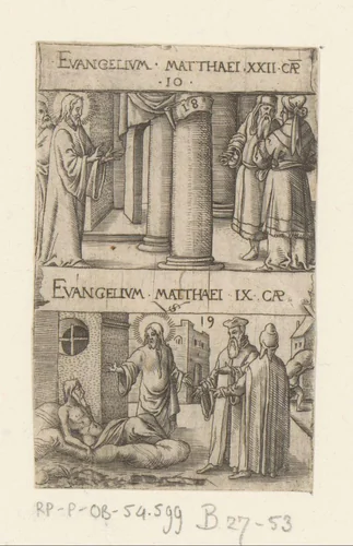 Christus in debat met farizeeën en de genezing van een verlamde man by Unknown, print, 1524-1562