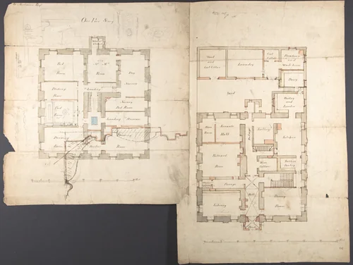 Studies of the Pavilion at Fonthill, Wiltshire and Plans of the Ground and First Floors (recto); Studies for the Pavilion in Tudor-Gothic Style (verso) by anonymous, drawing, 1824-1840