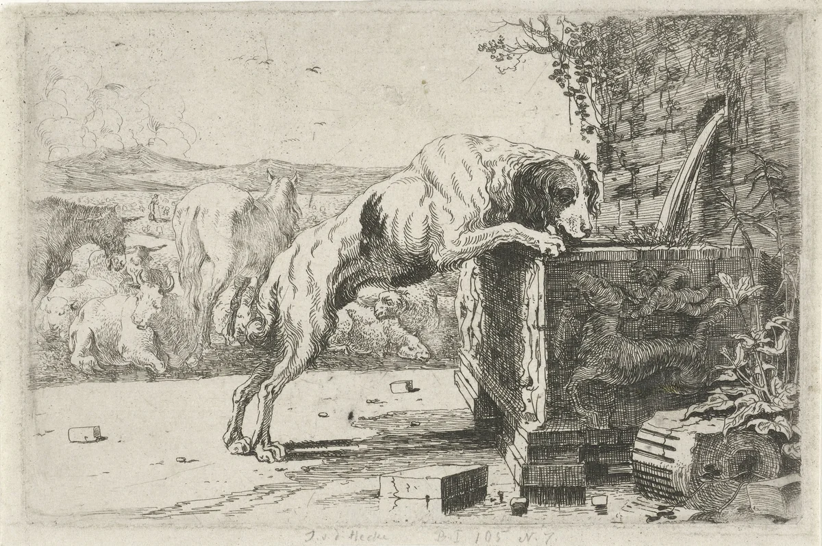 Hond bij een fontein by Jan van den Hecke, print, 1656