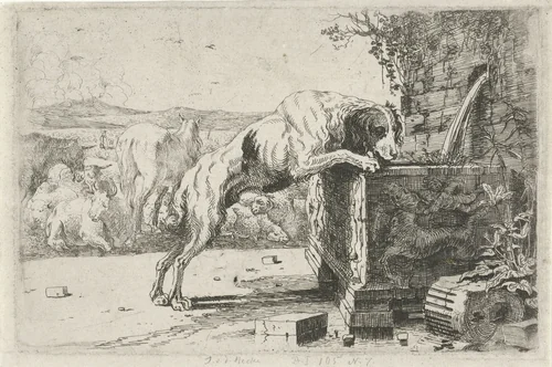Hond bij een fontein by Jan van den Hecke, print, 1656