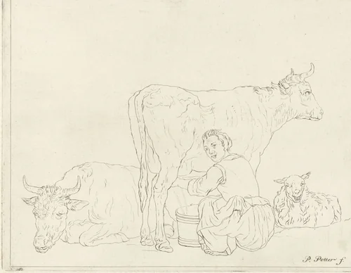 Melkmeid by Pieter de Mare, print, 1768-1796