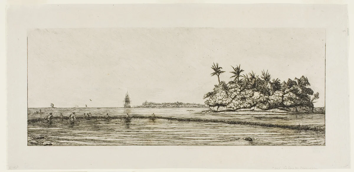 Oceania: Fishing, Near Islands with Palms in the Uea or Wallis Group, 1845 by Charles Meryon, print, 1863